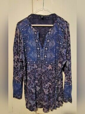 Lucky Brand Navy and Blue Paisley Split-Neck Tunic - 2X